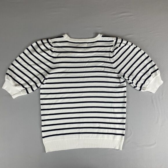 Marled Short Sleeve Sweater Women's Small Ivory Navy Stripped Preppy Basic - Picture 2 of 14